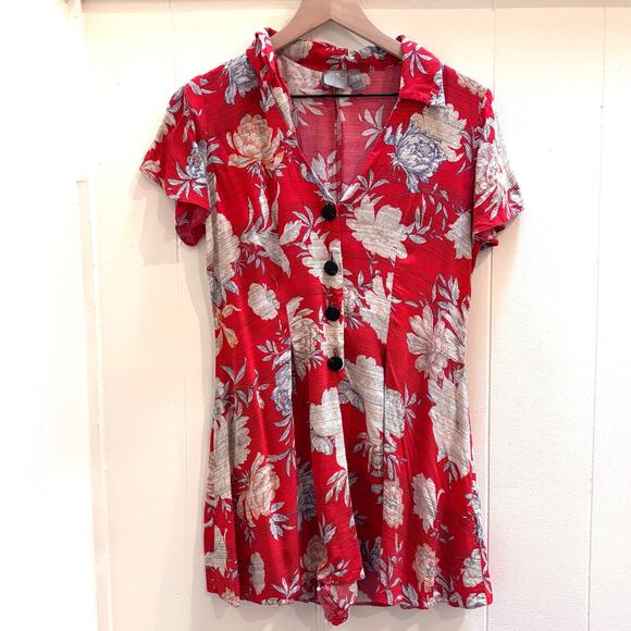 ASOS Pants - ASOS Red Button Front Tea Playsuit Romper in Floral Tropical Print